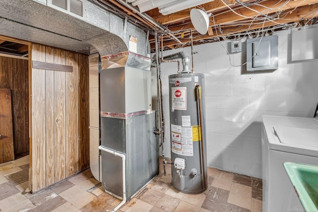 utilities featuring electric panel, heating unit, water heater, and independent washer and dryer