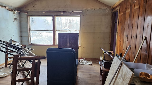 home office with vaulted ceiling and hardwood / wood-style flooring