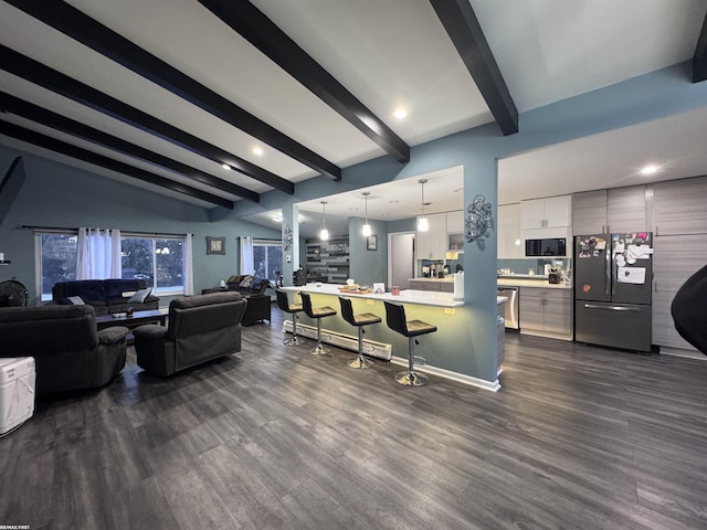 living room with indoor wet bar, dark wood-type flooring, and vaulted ceiling with beams