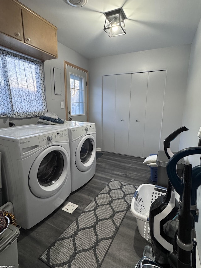 laundry room featuring dark wood finished floors, cabinet space, and washer and clothes dryer