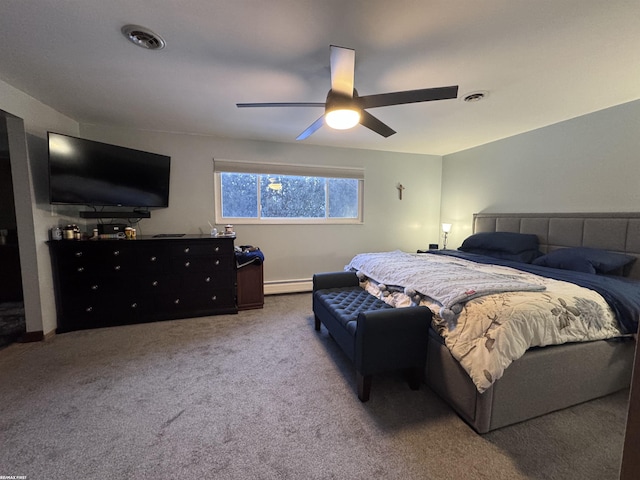 carpeted bedroom featuring a ceiling fan, visible vents, and baseboard heating