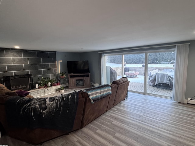 living room with plenty of natural light, a fireplace, light wood-style floors, and baseboards