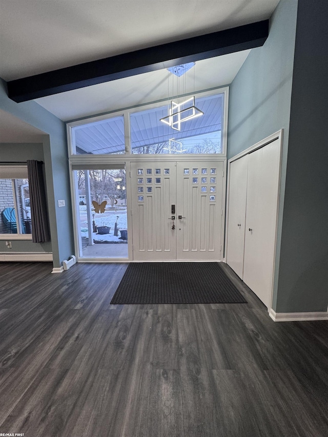 entryway featuring baseboards, beam ceiling, baseboard heating, and dark wood finished floors