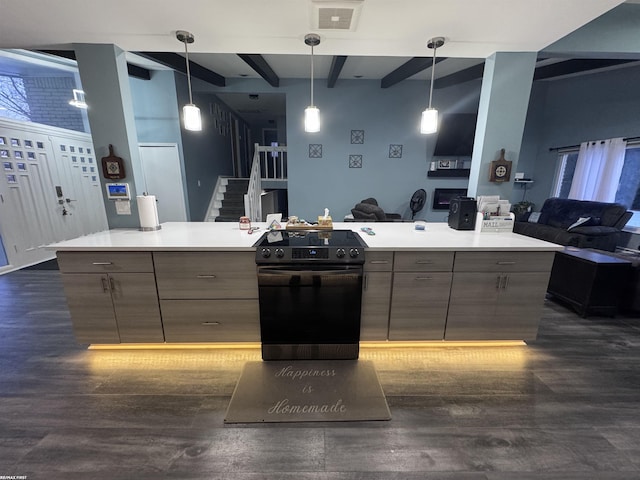 kitchen with dark wood-style floors, beam ceiling, light countertops, black range with electric stovetop, and open floor plan