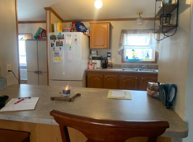 kitchen featuring sink, a healthy amount of sunlight, white refrigerator, and a kitchen bar