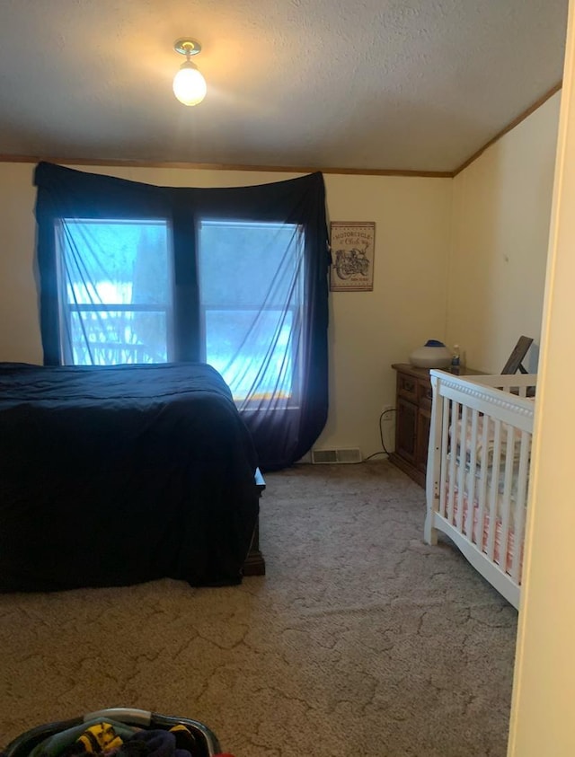 bedroom featuring carpet and a textured ceiling