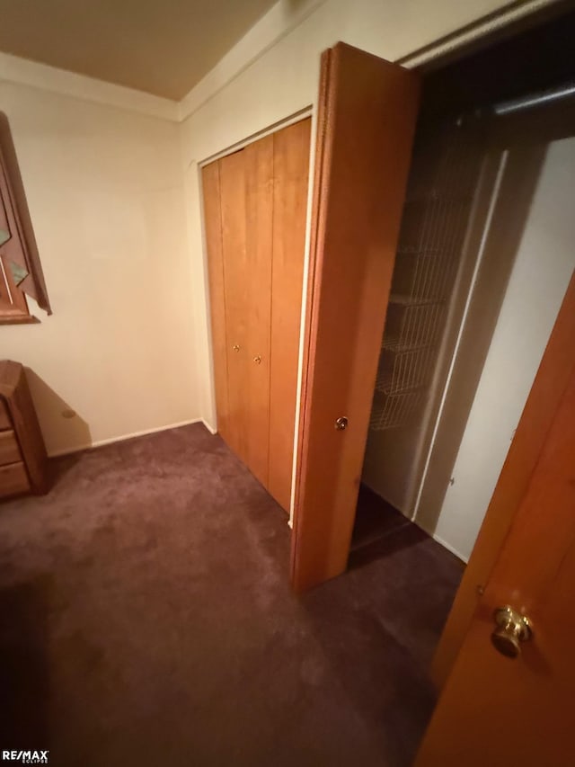 corridor featuring crown molding and dark colored carpet