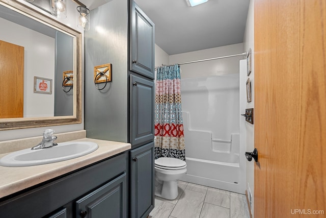 full bathroom with tile patterned floors, toilet, vanity, and shower / bathtub combination with curtain