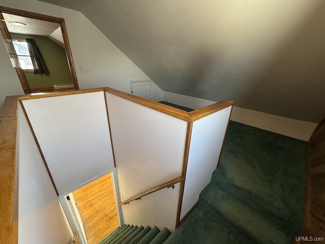 stairway featuring carpet and lofted ceiling