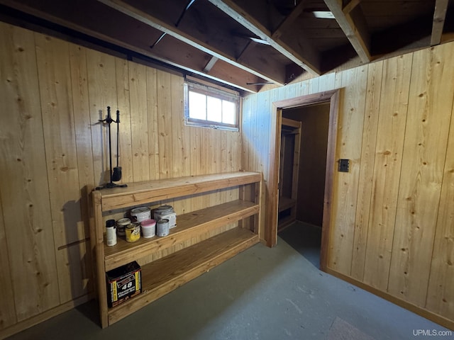 basement featuring wooden walls