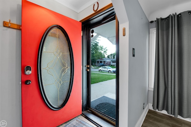 foyer entrance with hardwood / wood-style floors