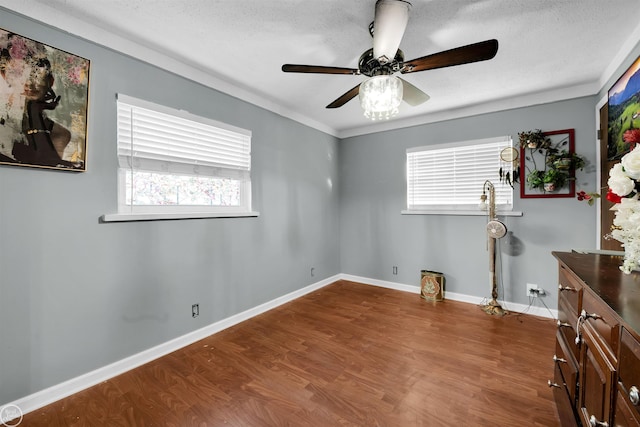 interior space featuring ceiling fan, hardwood / wood-style floors, and crown molding