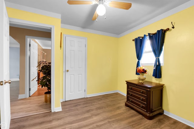 bedroom featuring ceiling fan and light hardwood / wood-style flooring