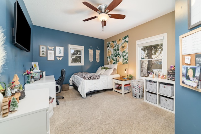 bedroom featuring carpet floors and ceiling fan