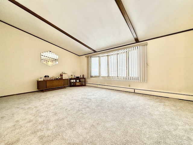 living room featuring carpet flooring, lofted ceiling with beams, and a baseboard heating unit