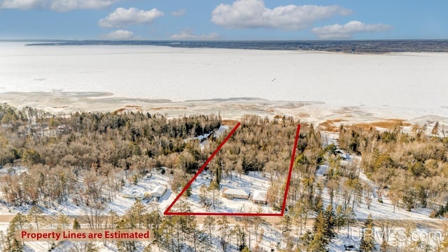 snowy aerial view featuring a water view