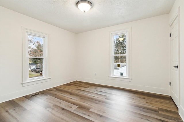 empty room with wood-type flooring, a healthy amount of sunlight, and a textured ceiling