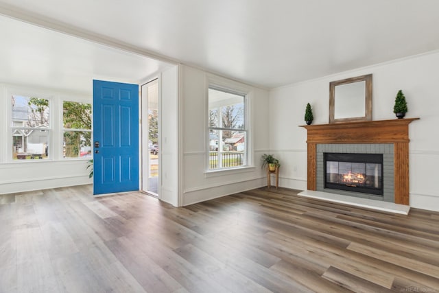 foyer entrance with wood-type flooring, a wealth of natural light, and a fireplace