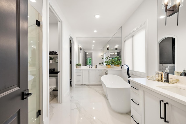 full bathroom with toilet, vanity, and separate shower and tub