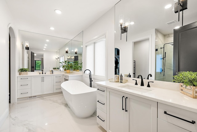 bathroom featuring vanity, a wealth of natural light, and plus walk in shower