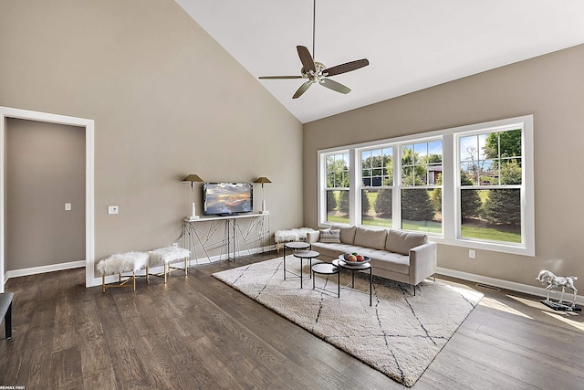 living room with dark hardwood / wood-style flooring, high vaulted ceiling, and ceiling fan