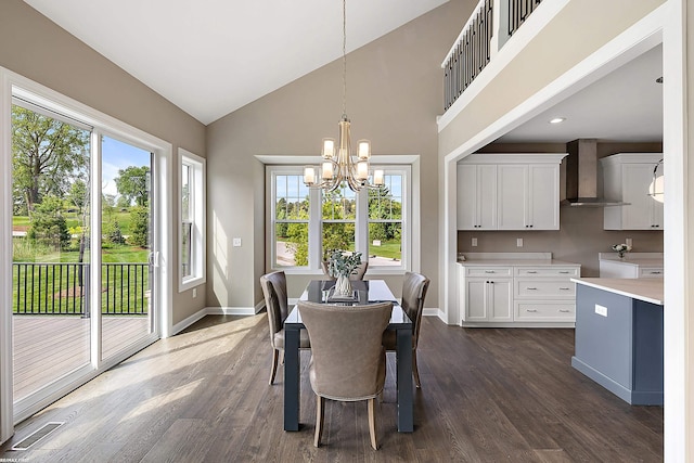 dining space featuring dark hardwood / wood-style flooring, a chandelier, and a wealth of natural light