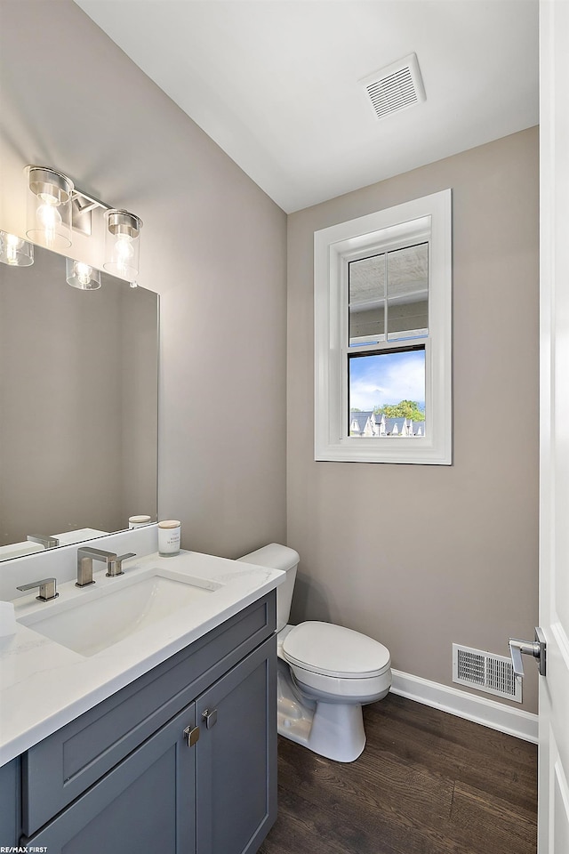 bathroom with vanity, toilet, and wood-type flooring