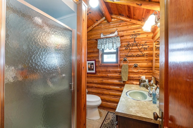 bathroom with vanity, wooden ceiling, rustic walls, and walk in shower