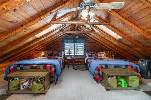 bedroom featuring wood ceiling, ceiling fan, and vaulted ceiling with beams