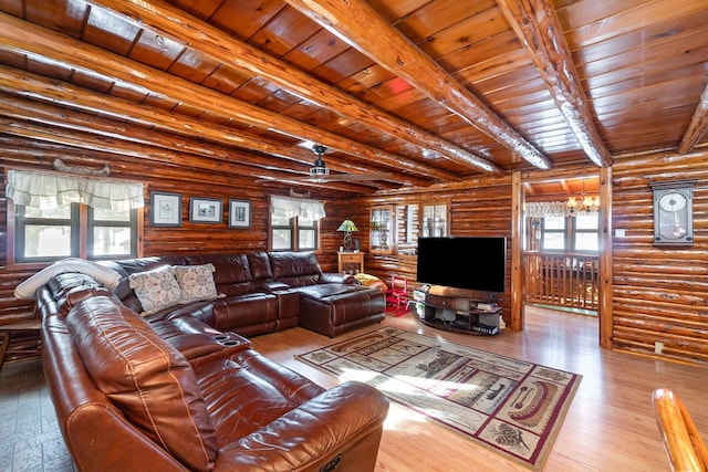 living room with wooden ceiling, plenty of natural light, log walls, and beam ceiling