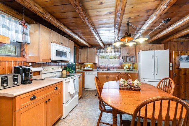 kitchen with wood walls, sink, hanging light fixtures, wood ceiling, and white appliances