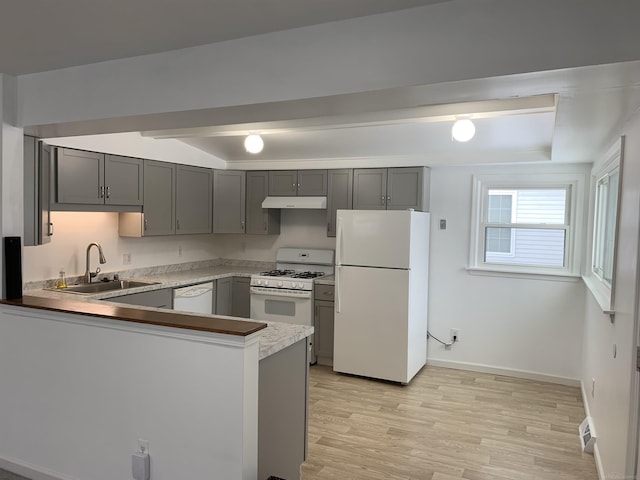 kitchen with sink, gray cabinetry, light hardwood / wood-style flooring, kitchen peninsula, and white appliances