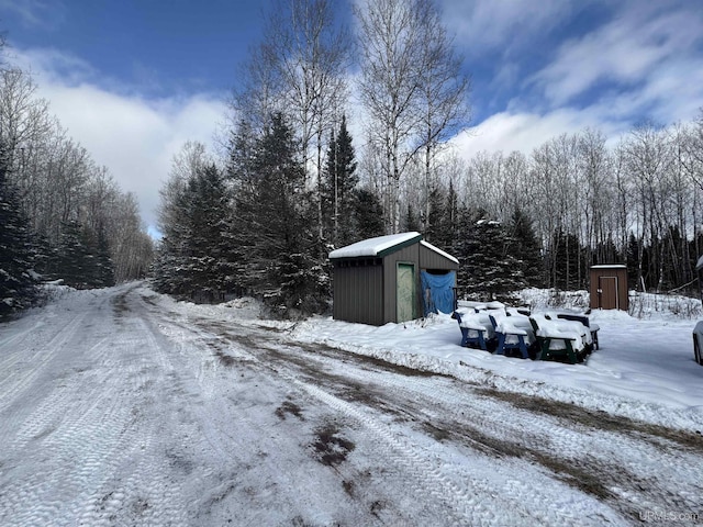 yard covered in snow with a storage unit