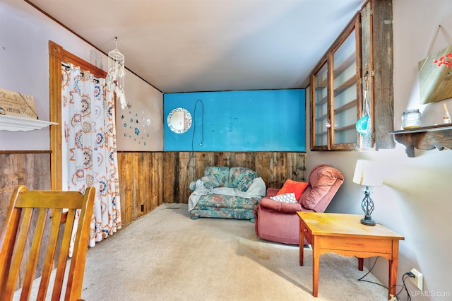 living area featuring carpet floors and wood walls