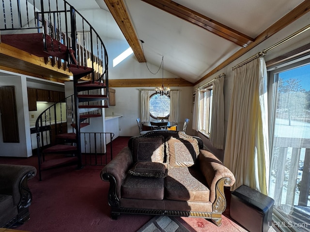 carpeted living room with lofted ceiling and a chandelier