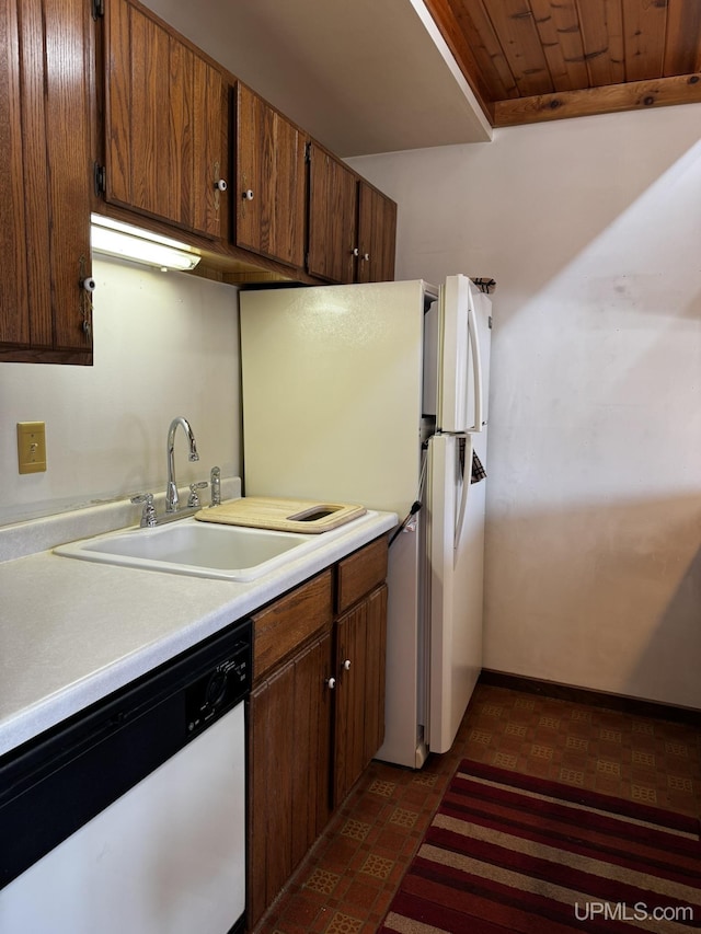 kitchen with wood ceiling, sink, and white appliances