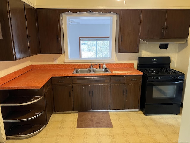 kitchen featuring dark brown cabinetry, sink, and gas stove