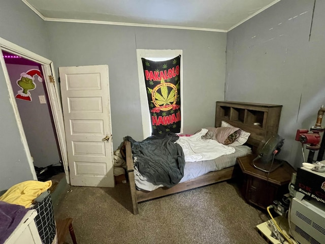 bedroom featuring dark colored carpet and ornamental molding