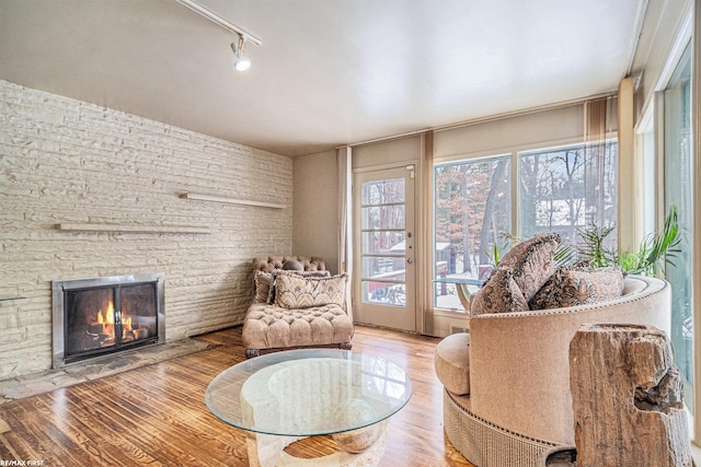 sitting room with hardwood / wood-style flooring, a fireplace, and rail lighting