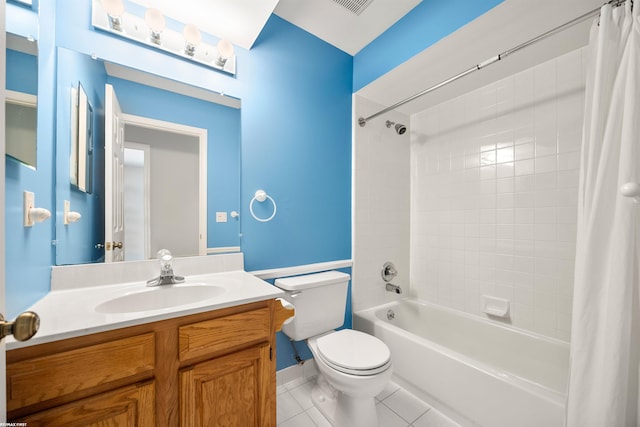 full bathroom with vanity, shower / tub combo, tile patterned floors, and toilet