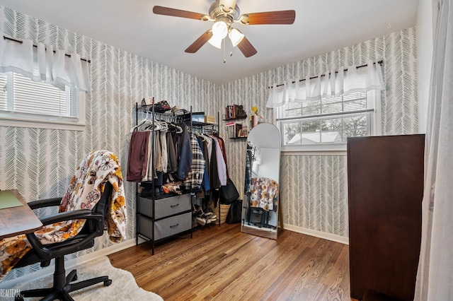 office space featuring hardwood / wood-style floors, plenty of natural light, and ceiling fan