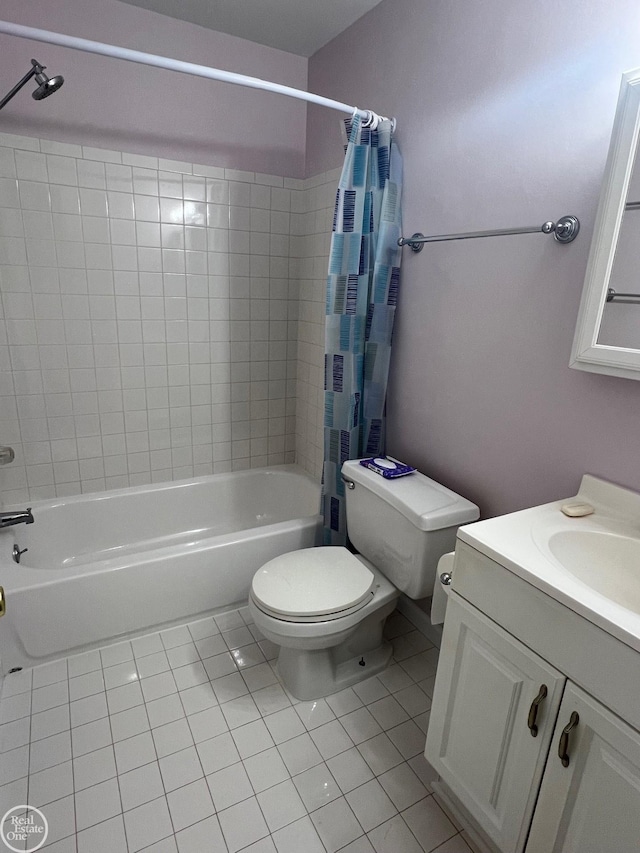 full bathroom with shower / tub combo with curtain, tile patterned floors, toilet, and vanity