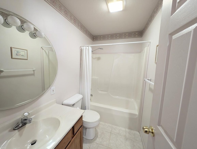 full bathroom featuring tile patterned floors, vanity, toilet, and shower / tub combo