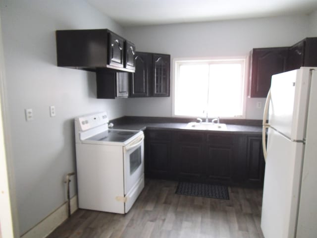 kitchen with dark hardwood / wood-style flooring, sink, and white appliances