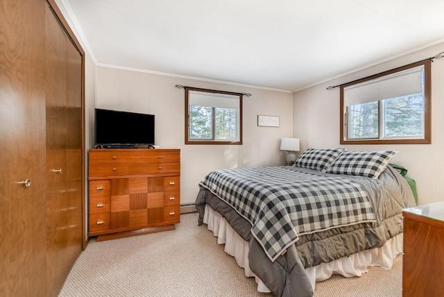 bedroom featuring light carpet, ornamental molding, a closet, and baseboard heating