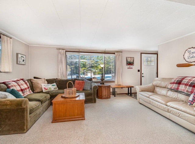 carpeted living room with crown molding