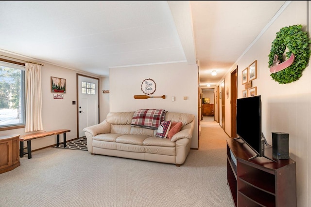 carpeted living room with ornamental molding