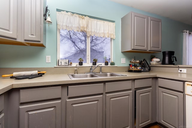 kitchen with gray cabinetry, sink, and dishwasher