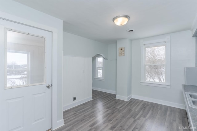 entryway with hardwood / wood-style floors and sink