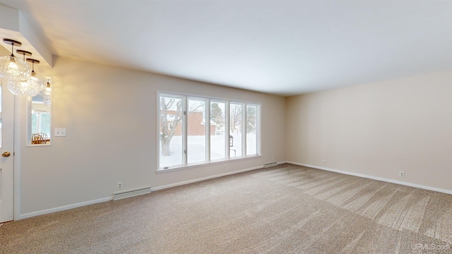 spare room featuring carpet flooring and a notable chandelier